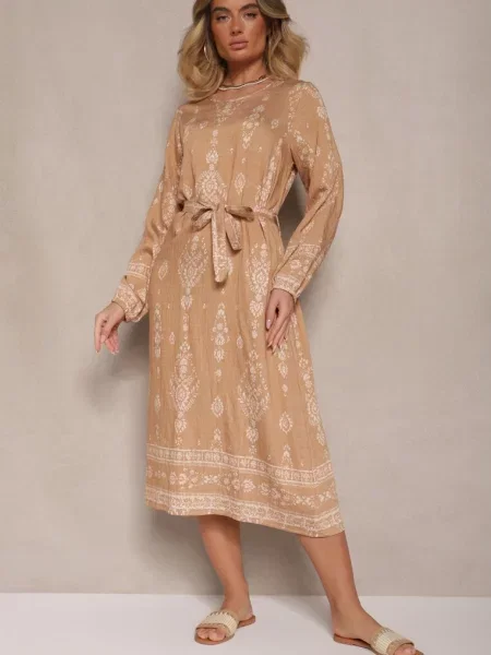 Pudełkowa Sukienka Boho w Etniczne Wzory z Lisalenea beżowa