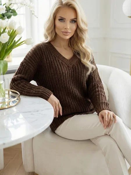 Pulover Numoco Basic cu decolteu în V alb