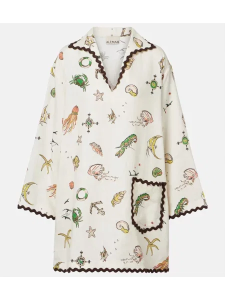 Laneni lanena obleka Alemais s potiskom bež