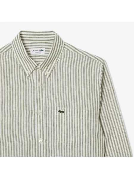 Lacoste Lniana Koszula W Paski Regular Fit zielona