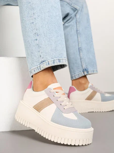 Beżowo-Niebieskie Sneakersy Typu Tenisówki na Żłobionej Platformie Lorreia beżowe