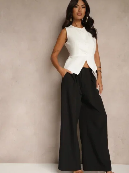 Biało-Czarny Komplet Garniturowy Szerokie Spodnie i Kamizelka Ziorene biała