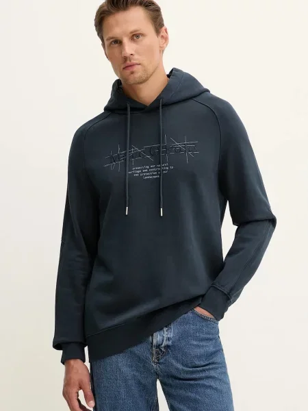 Bombažen pulover Marc O'Polo mornarsko s kapuco modra