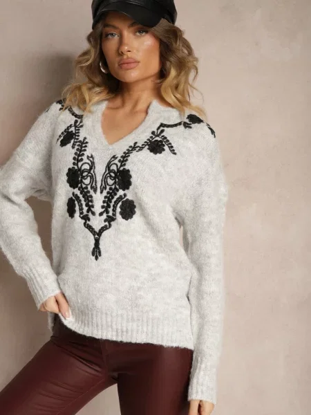 Sweter z Wełną i Metalicznym Wzorem w Kwiaty Senithea szary
