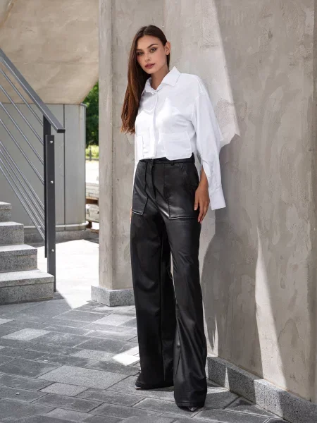 Кожаные брюки палаццо Jadone Fashion черные