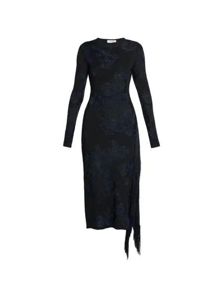 Rochie midi Erdem cu franjuri cu model floral din jacard negru