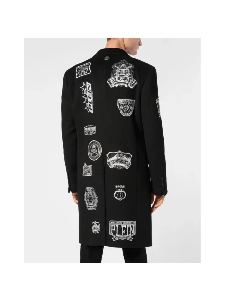 Długi płaszcz Philipp Plein wełniany z naszywkami czarny