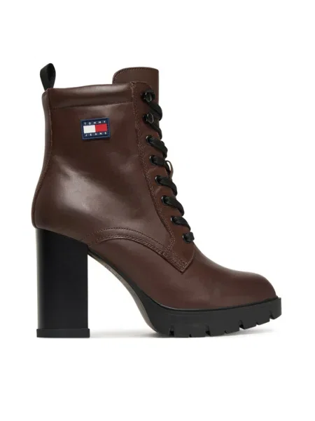Кожени боти Tommy Jeans TJW HEEL LACE UP BOOT с дебел кафяво