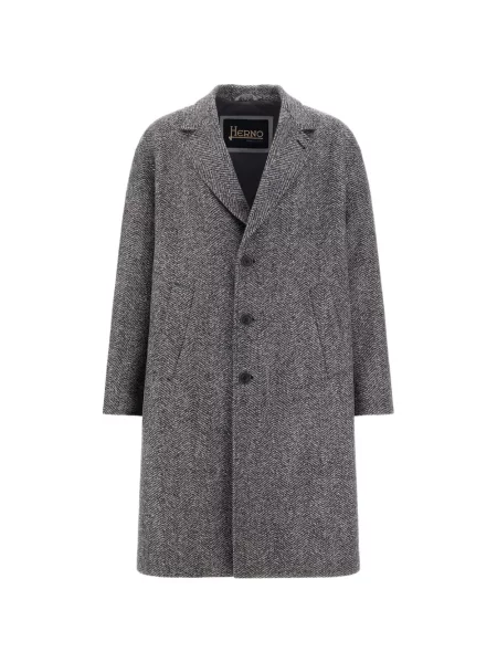Palton Herno de lână cu model herringbone gri