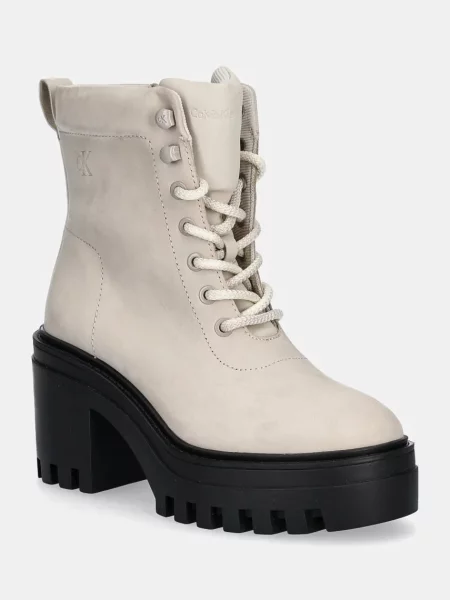 Боти Calvin Klein Jeans CHUNKY HEELED ZIP BOOT LTH с дебел бежово