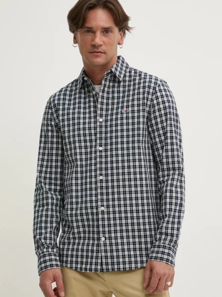 Риза Tommy Jeans мъжка със стандартна кройка с класическа яка тъмносиньо