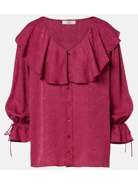 Bluză Chloé de mătase cu volane bordo