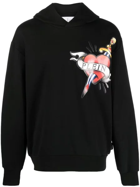 Hanorac cu glugă Philipp Plein cu imagine cu motiv cu inimi negru