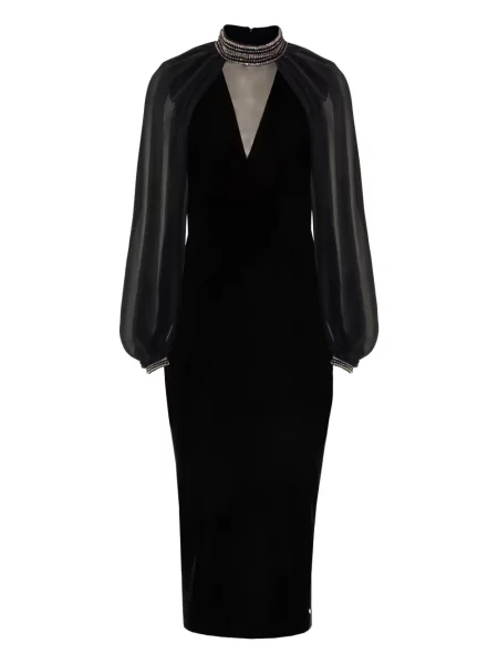 Aksamitna sukienka midi Nissa z kryształkami do kolan czarna