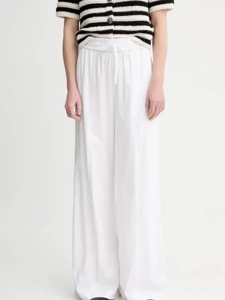 Gestuz pantaloni din amestec de in drept high waist alb