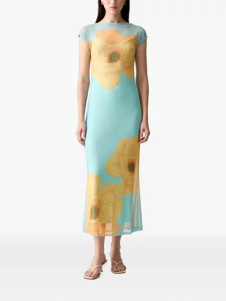 Rochie midi Never Fully Dressed cu model floral cu imagine plasă albastru