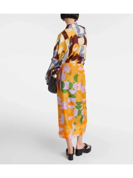 Fusta maxi Dries Van Noten din satin cu imagine portocaliu