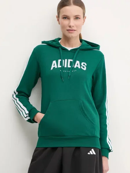 Суичър с качулка Adidas с качулка с принт зелено