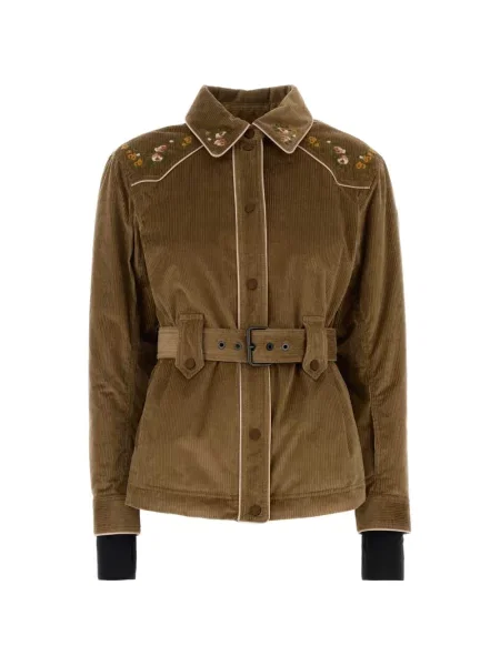 Geacă Moncler Grenoble de catifea cord cu model floral maro