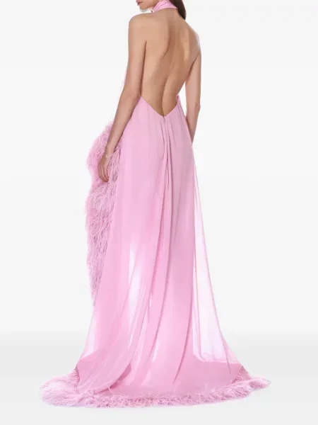 Rochie maxi Bronx & Banco cu pene cu gât halter roz