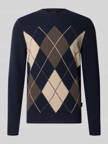Sweter z dzianiny z mieszanka wełny ze wzór w kratę krój regular fit Bugatti granatowy