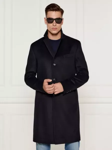 BOSS BLACK Gyapjú hosszú kabát Hyde kasmír hozzáadásával fekete