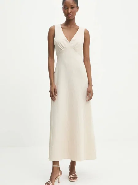 Answear Lab sukienka z domieszką lnu maxi rozkloszowana beżowy