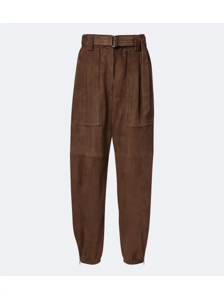 Cu centură pantaloni Brunello Cucinelli din piele de căprioară conici maro