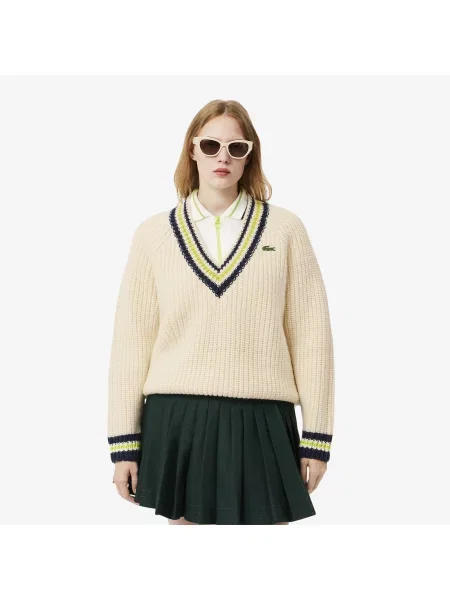 Lacoste Wełniany Sweter Z Dekoltem V Z Blokadą Koloru Relaxed Fit Kremowy Kremowy