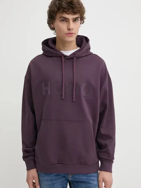 Bombažen pulover HUGO s kapuco vijolična
