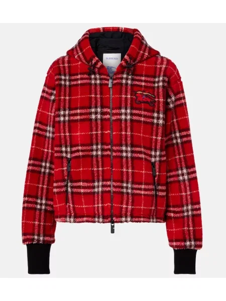 Volnena jakna Burberry s karirastim vzorcem s kapuco rdeča