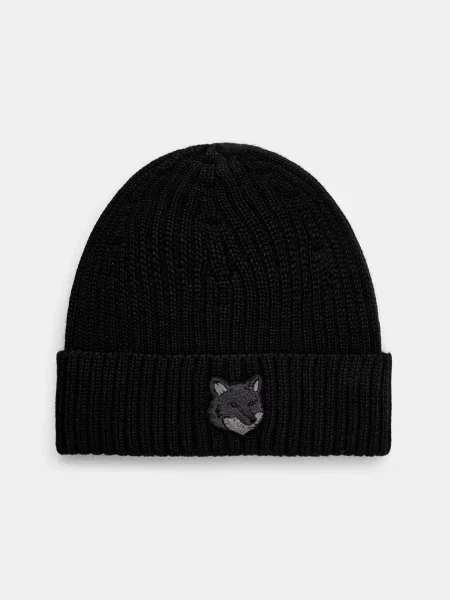 Vlněná čepice Maison Kitsuné Bold Fox Head z tenké pleteniny černá