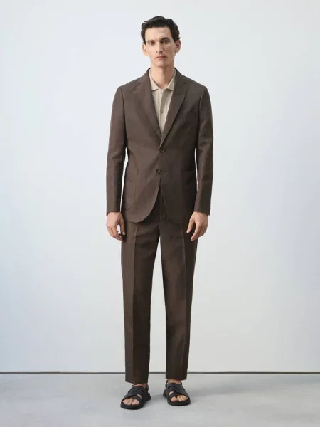 Marynarka garniturowa slim fit z lyocellu i lnu Mężczyzna 48 MANGO MAN brązowy