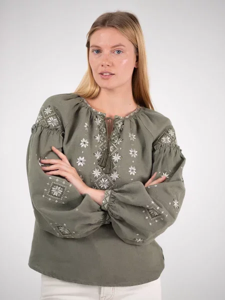 Вишита сорочка Едельвіка льон/бавовна хакі