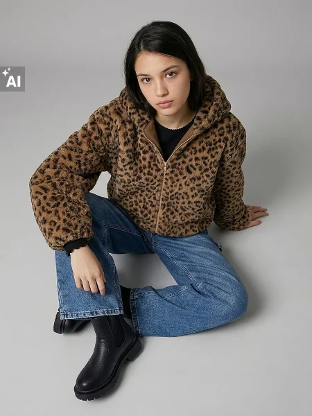 Sinsay Rozepínací fleecová mikina s kapucí a leopardím vzorem černá