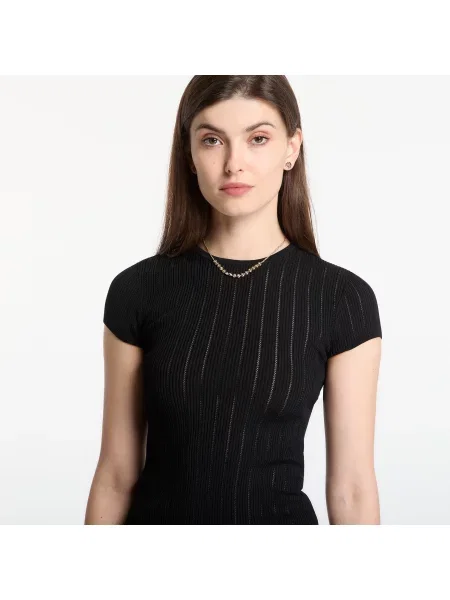 Тениска GUESS Ss Cn Rib Pointelle Mix Kara S Jet Black S черно