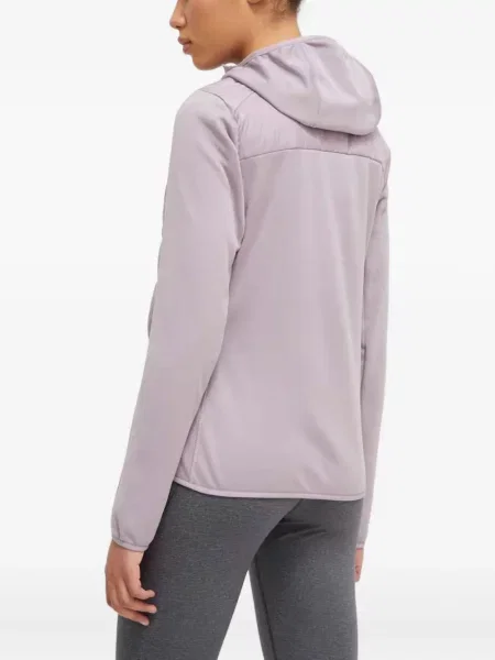 Geacă cu puf Adidas din piele de căprioară cu dungi cu glugă albastru