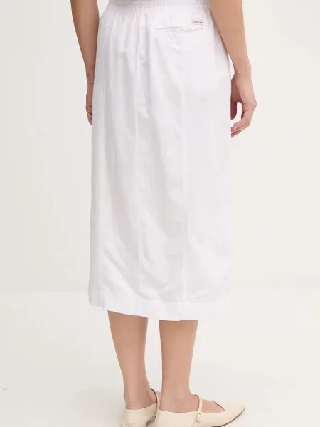 Sukně s příměsí lnu Calvin Klein Jeans midi bílá