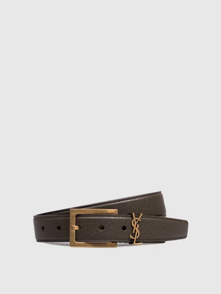 Шкіряний ремінь з монограмою логотипа Saint Laurent коричневий