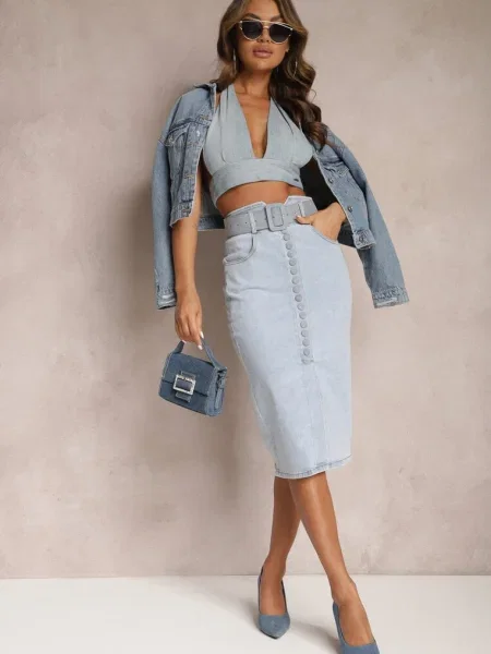 Fustă Denim Creion Midi cu și Șliț Jackiesa Deschis albastru