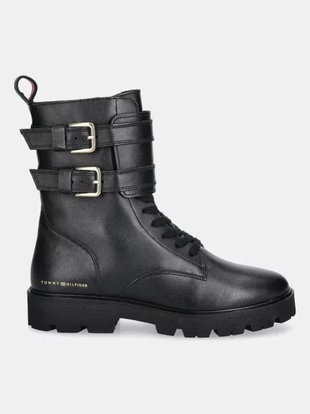 Tommy Hilfiger botine de piele TH LTHR BIKER LACEUP negru