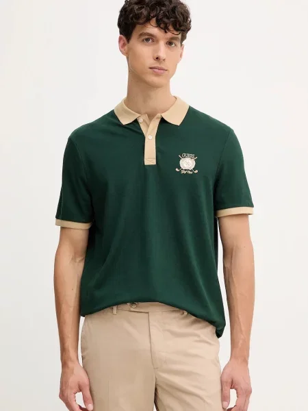 Тениска с яка Guess с принт зелено