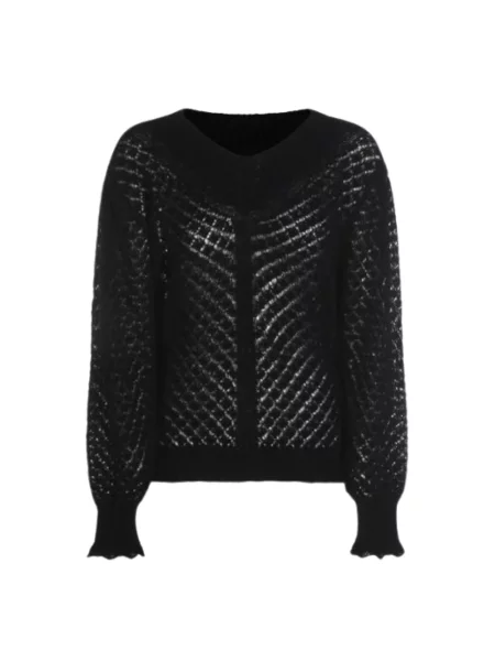 Sweter Twinset wełniany z falbankami z okrągłym dekoltem czarny