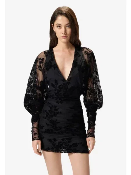 PINKO Рокля Roulette dress tulle stampa flock черен