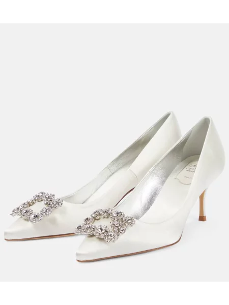 Pantofi cu toc Roger Vivier din satin cu model floral alb