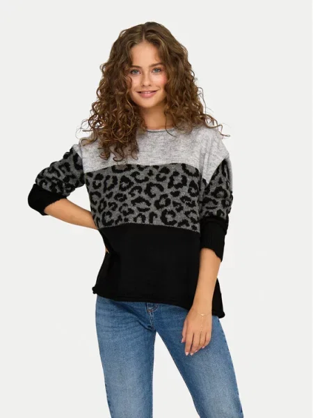 Sweter z dzianiny o kroju regular fit ze zrolowanym okrągłym dekoltem model ‘JADE’ Only szary
