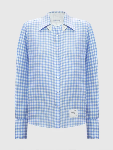 Сорочка із шовку в клітинку Thom Browne блакитна