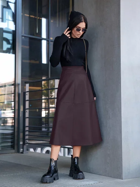 Юбка миди Jadone Fashion из искусственной кожи бордовая