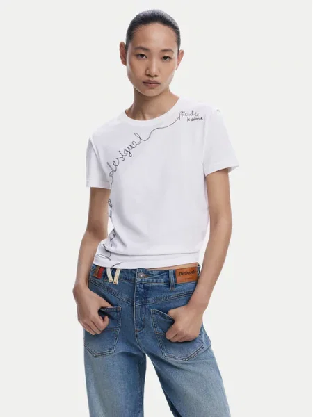 Μπλουζάκι Desigual T-Shirt With Embroidered Lettering White XS λευκό