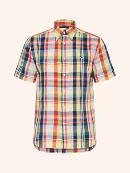 Tommy Hilfiger Košile S Krátkým Rukávem Regular Fit S Lnem oranžová / růžová žlutá
